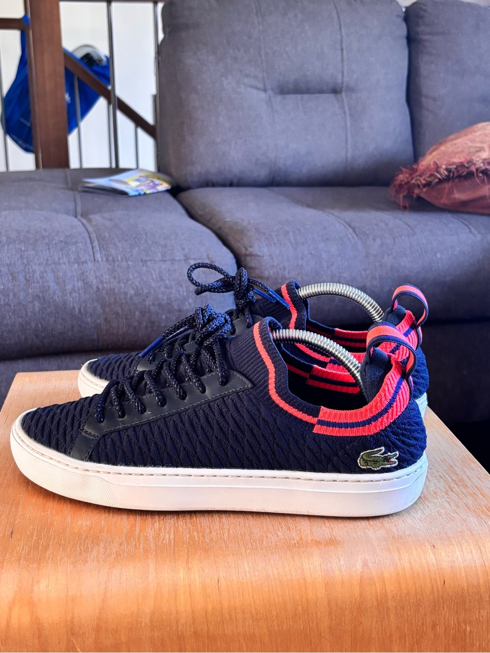 Lacoste Navy Knit Sneakers with Pink Accent